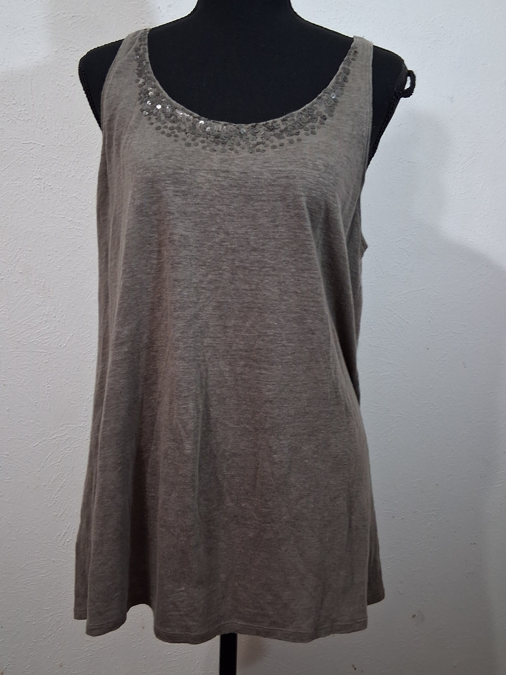 Eileen Fisher Taupe Linen Scoop Neck Sequin-Trim Tank